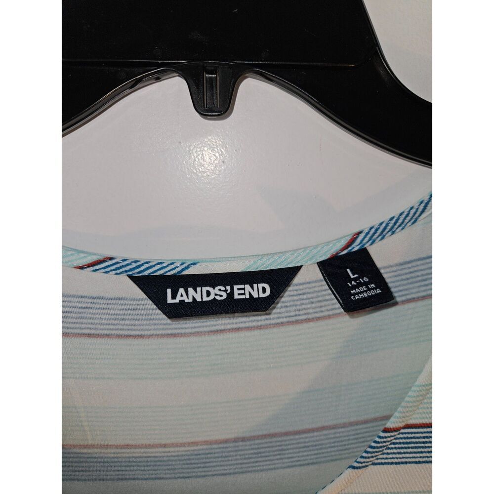 LANDS END Sleeveless Tiered Striped Blue Aqua Cotton Blend Maxi Dress Large - Picture 2 of 5